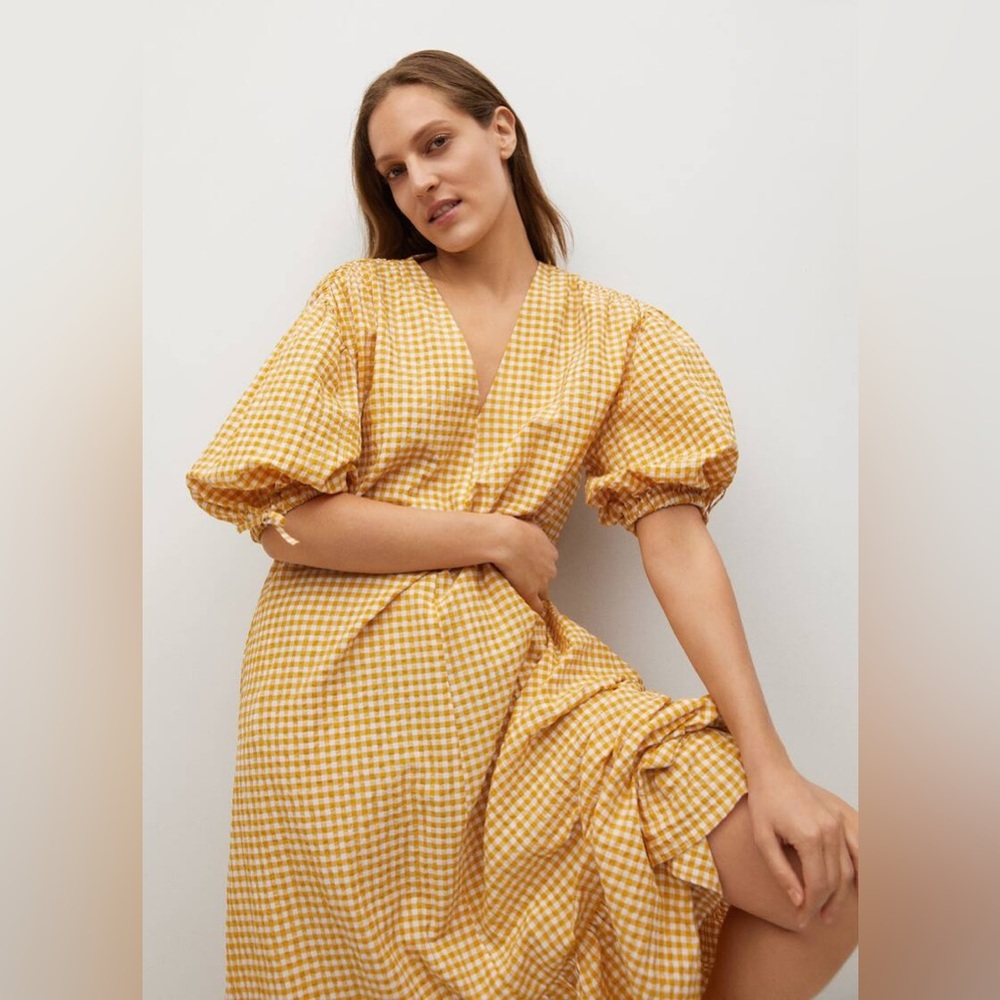 Mango yellow and white gingham midi dress size 4